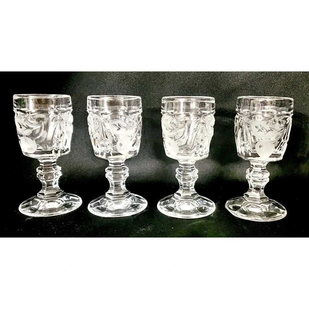 Cherry Strawberry Etched Clear Crystal Port Cordial Glasses Set Of 4